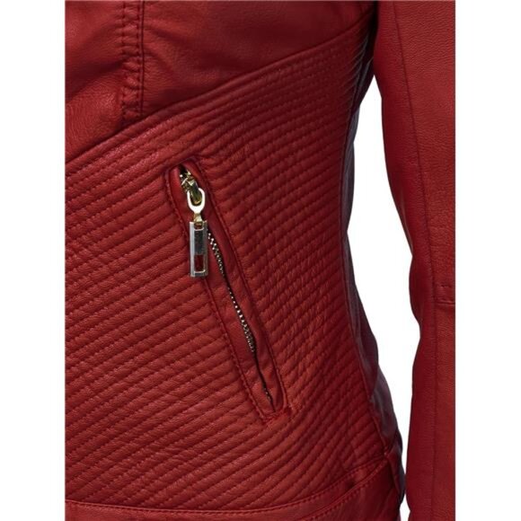 Womens Faux Leather Zip Up Jacket Red - Picture 5 of 6